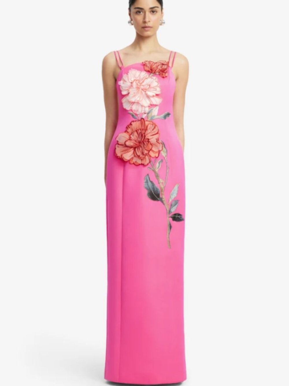 LEO LIN Arianna Peony Appliqué Floral Fuchisa Maxi Dress Column Gown AU8/US4